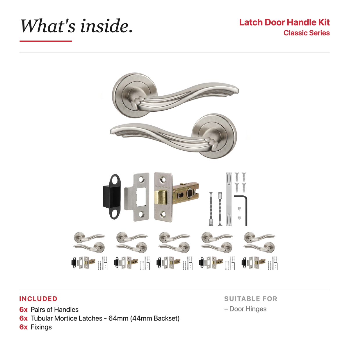 Solace Satin Nickel Passage Door Lever Handles – showing what's included in the box