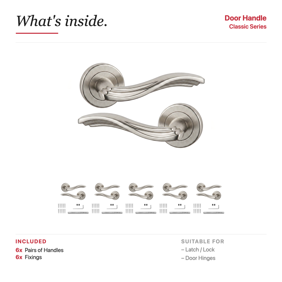 Solace Satin Nickel Door Lever Handles – showing what's included in the box