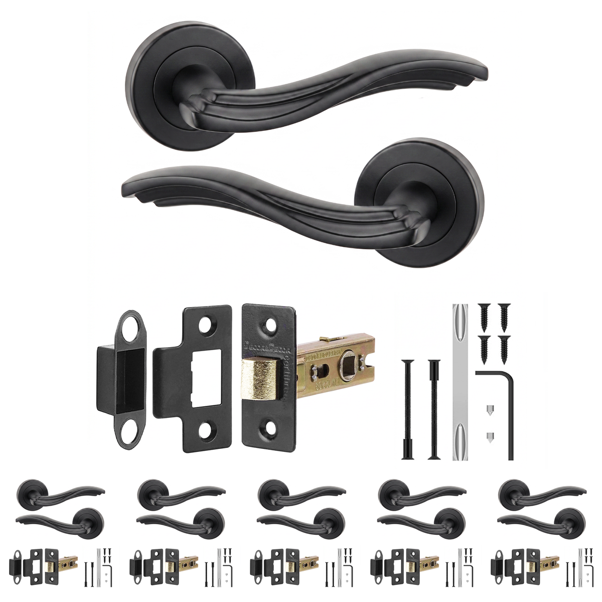 Solace Matt Black Passage Door Lever Handles - Latch Kit 76mm - Pack of 6