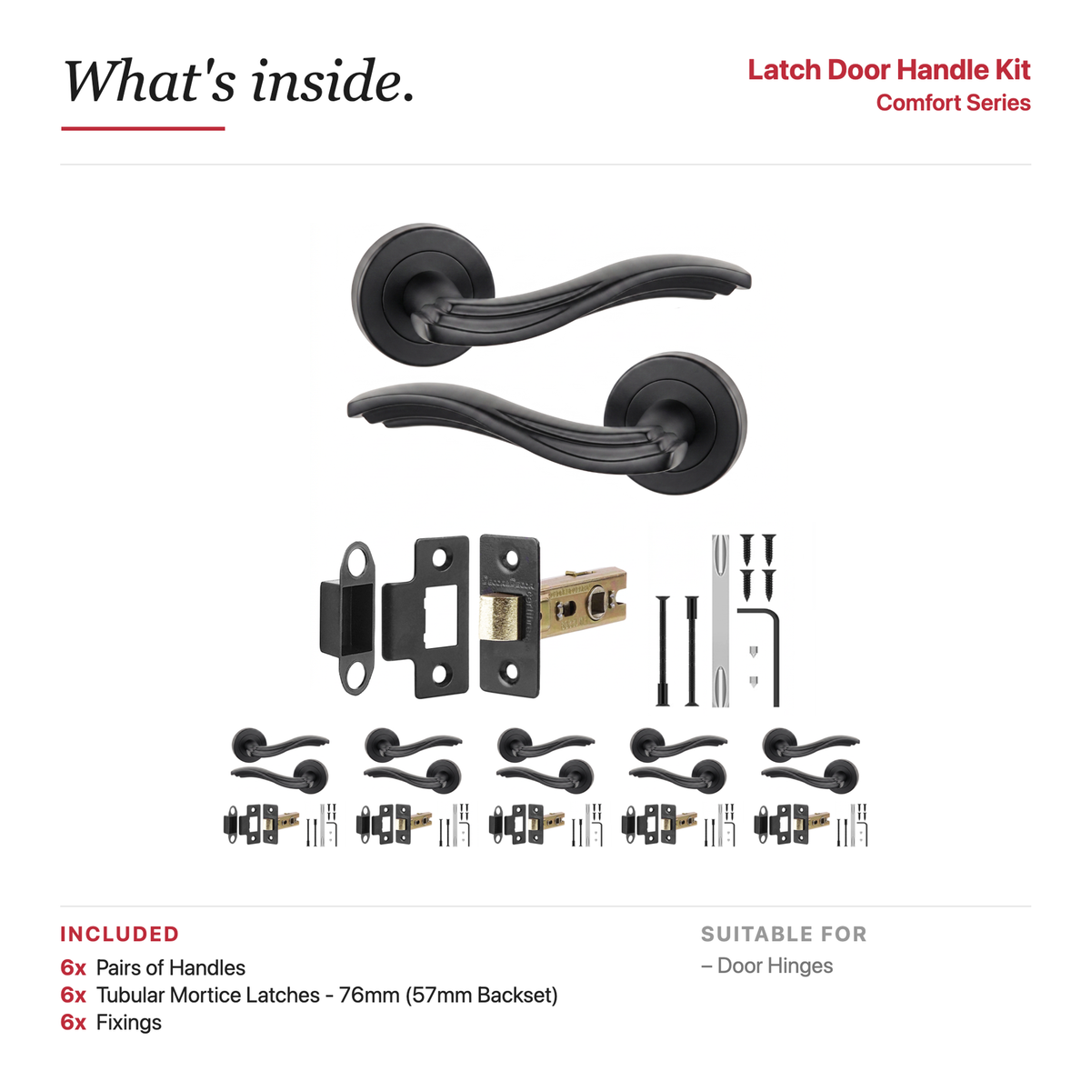 Solace Matt Black Passage Door Lever Handles – showing what's included in the box