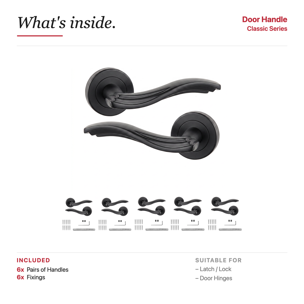 Solace Matt Black Door Lever Handles – showing what's included in the box