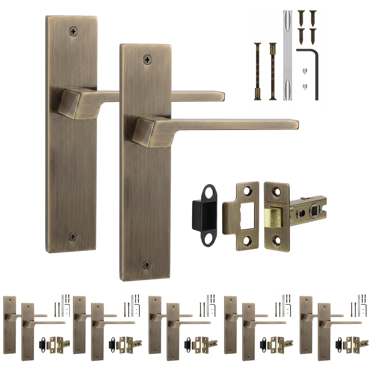 Spectra Antique Brass Passage Door Lever Handles on Backplate - Latch Kit 76mm - Pack of 6