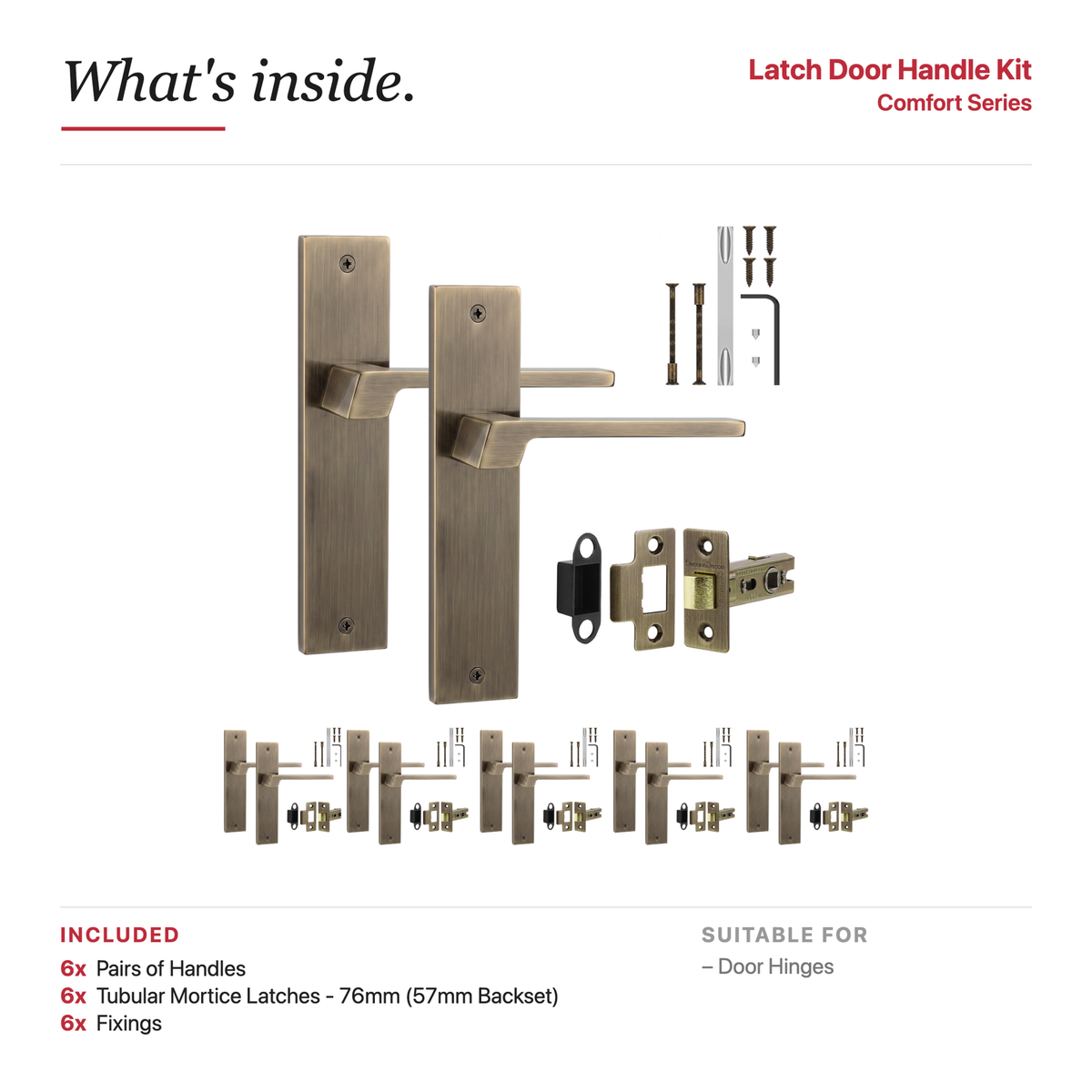 Spectra Antique Brass Passage Door Lever Handles on Backplate – showing what's included in the box