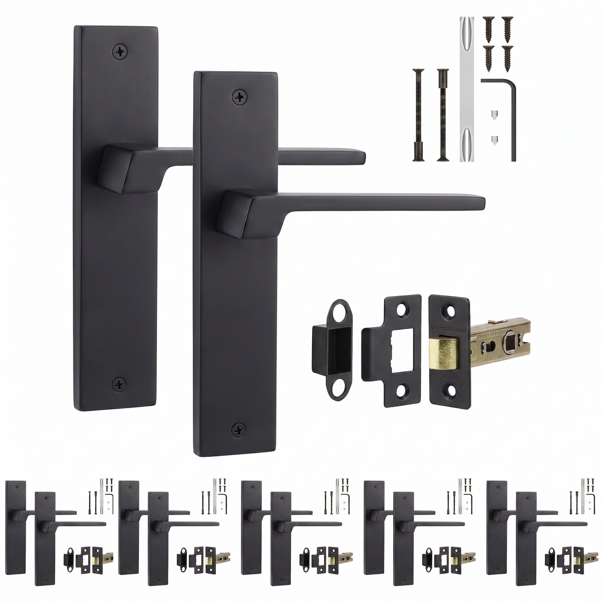 Spectra Matt Black Passage Door Lever Handles on Backplate - Latch Kit 76mm - Pack of 6