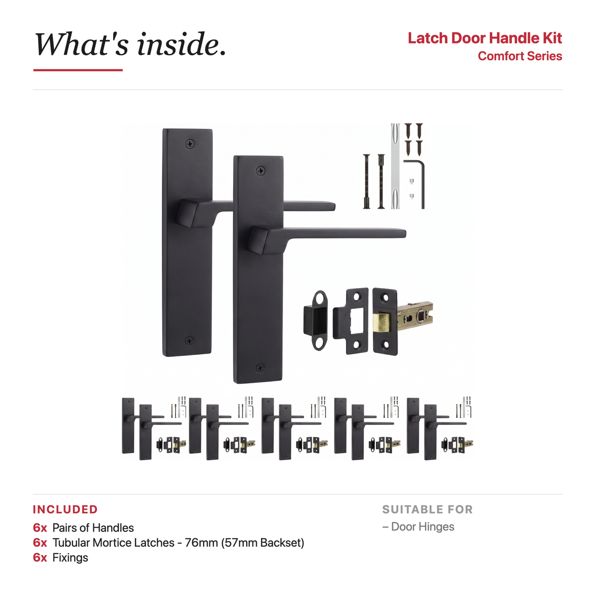 Spectra Matt Black Passage Door Lever Handles on Backplate – showing what's included in the box
