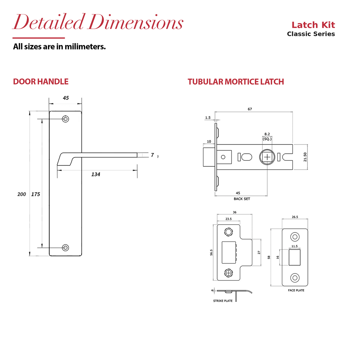 Spectra Matt Black Passage Door Lever Handles on Backplate – dimensions and measurements diagram