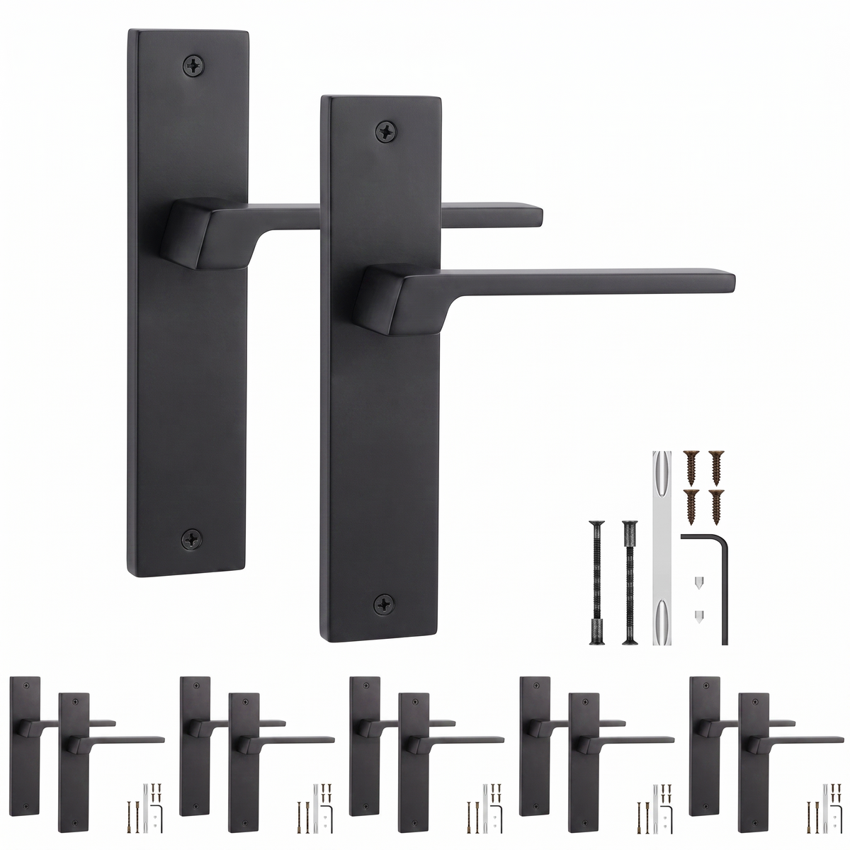 Spectra Matt Black Door Lever Handles on Backplate - Pack of 6 Pairs