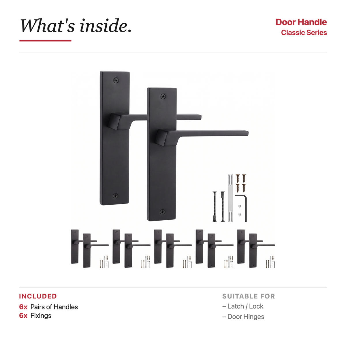 Spectra Matt Black Door Lever Handles on Backplate – showing what's included in the box
