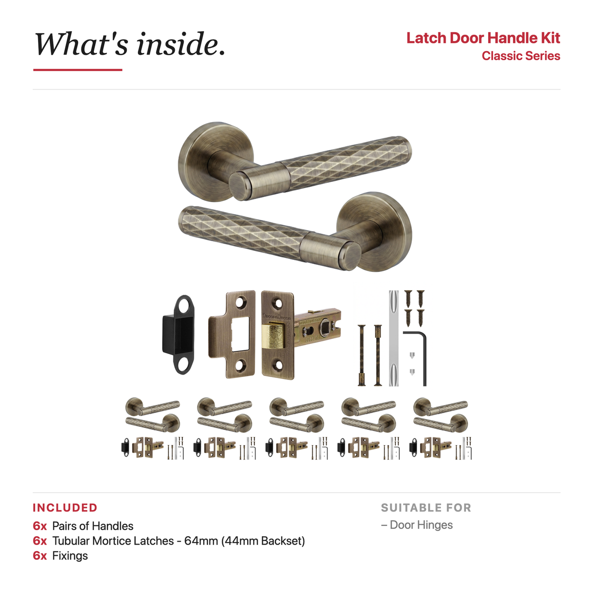 Tore Antique Brass Passage Door Lever Handles – showing what's included in the box
