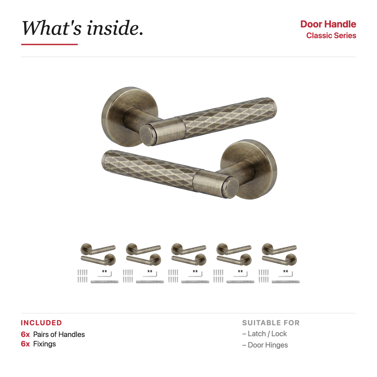 Tore Antique Brass Door Lever Handles – showing what's included in the box