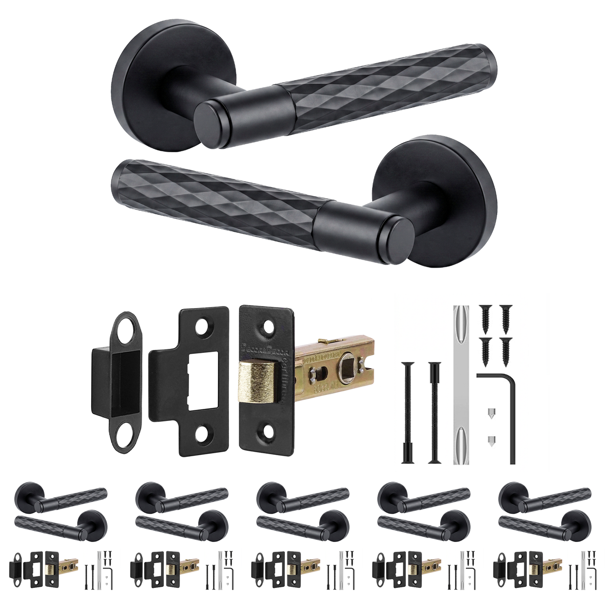 Tore Matt Black Passage Door Lever Handles - Latch Kit 76mm - Pack of 6
