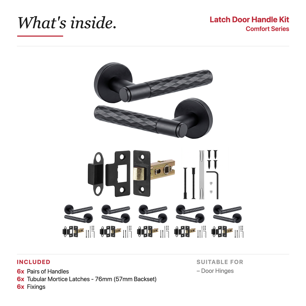 Tore Matt Black Passage Door Lever Handles – showing what's included in the box