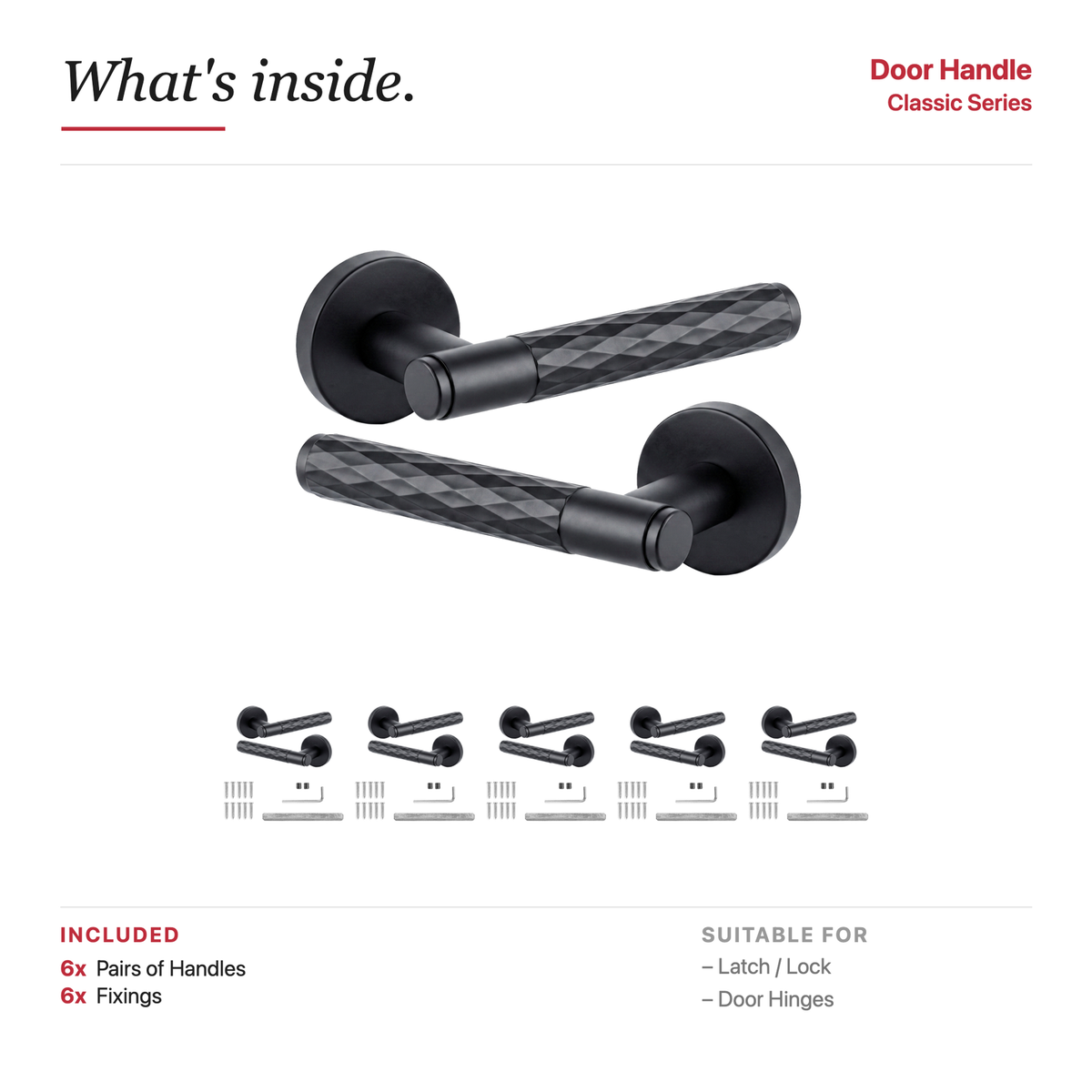 Tore Matt Black Door Lever Handles – showing what's included in the box