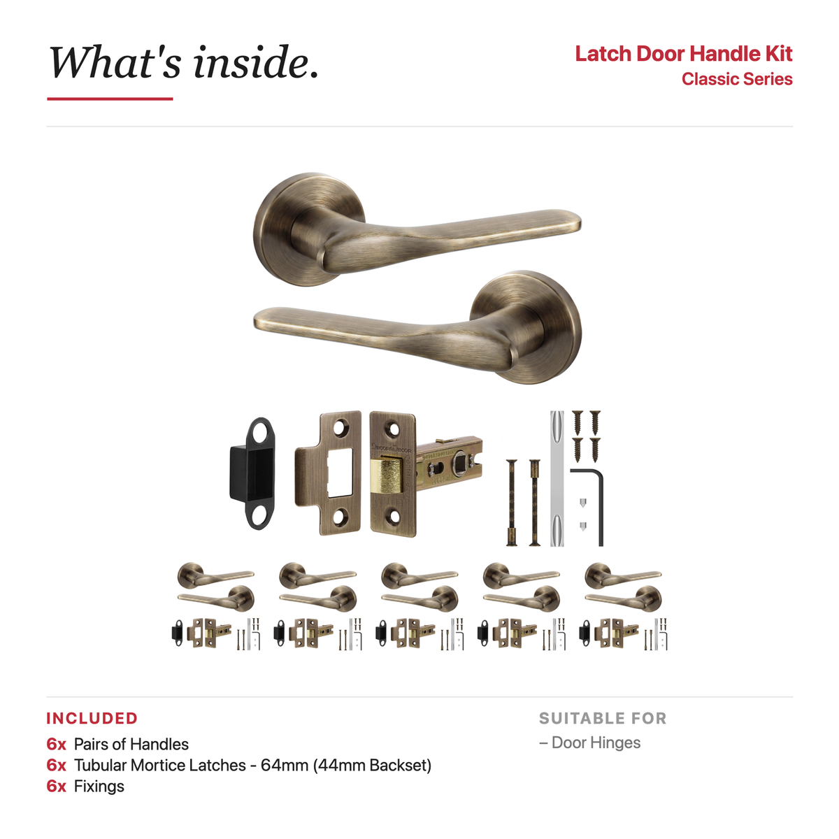 Verita Antique Brass Passage Door Lever Handles – showing what's included in the box
