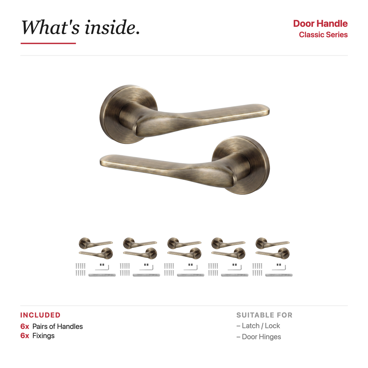 Verita Antique Brass Door Lever Handles – showing what's included in the box