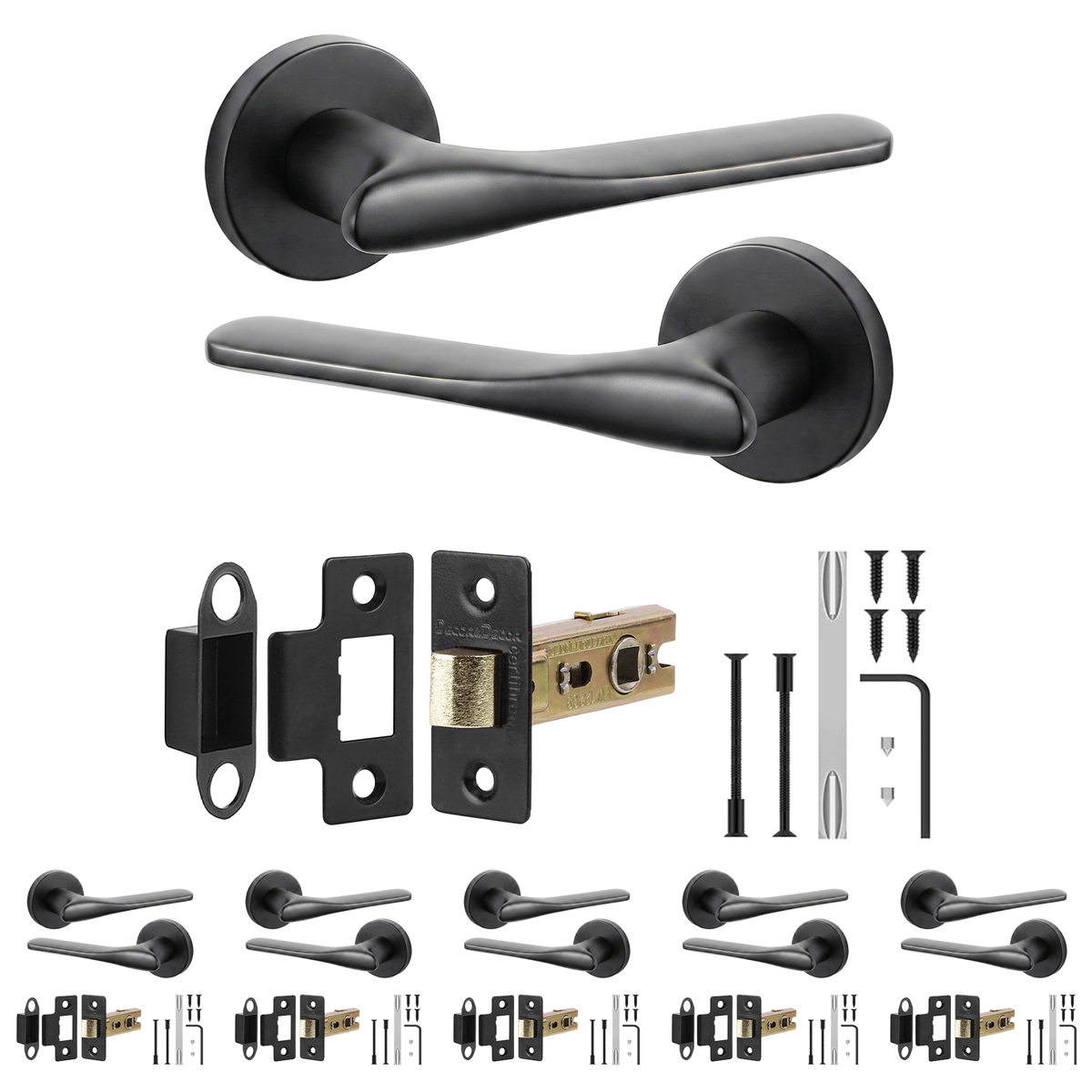 Verita Matt Black Passage Door Lever Handles - Latch Kit 76mm - Pack of 6