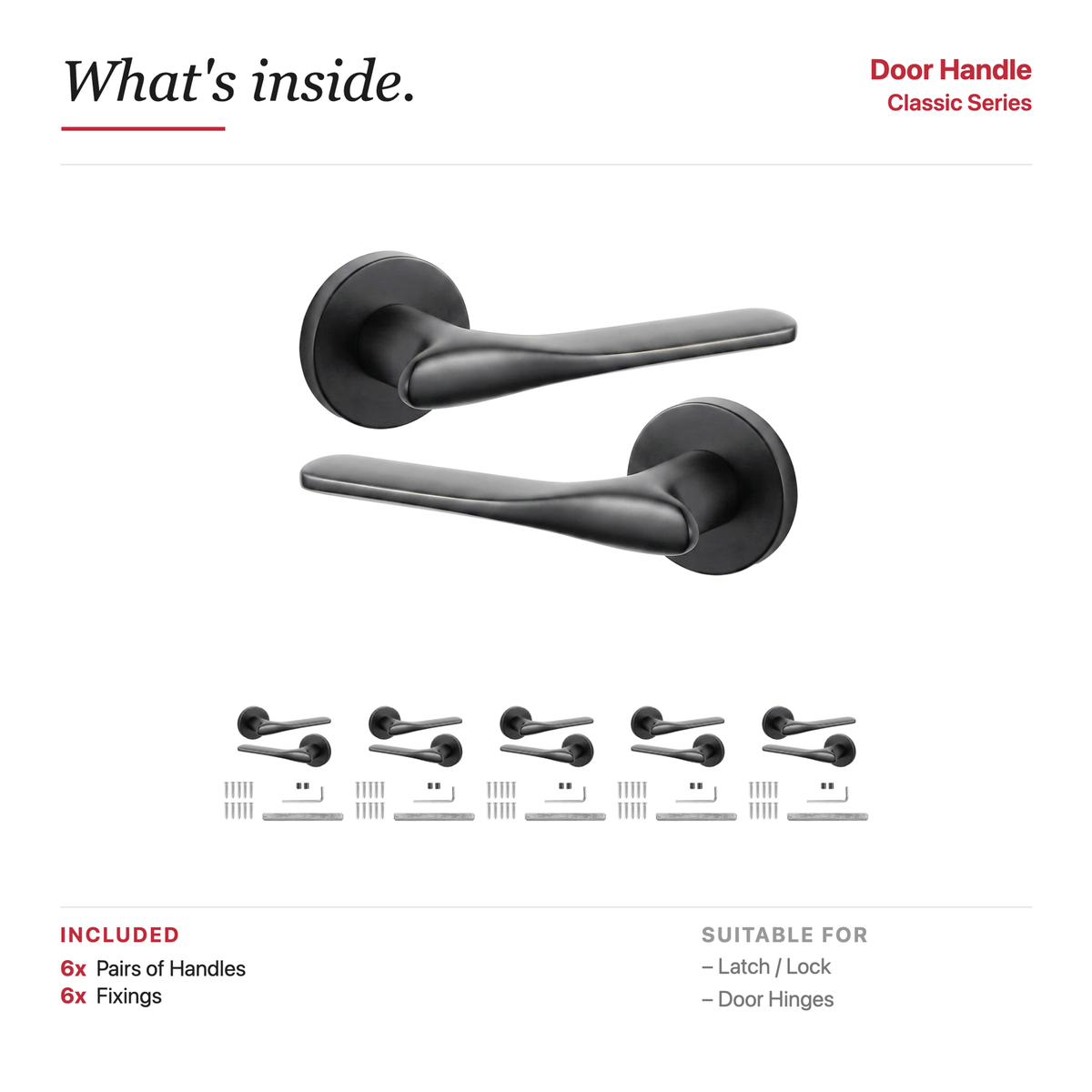Verita Matt Black Door Lever Handles – showing what's included in the box