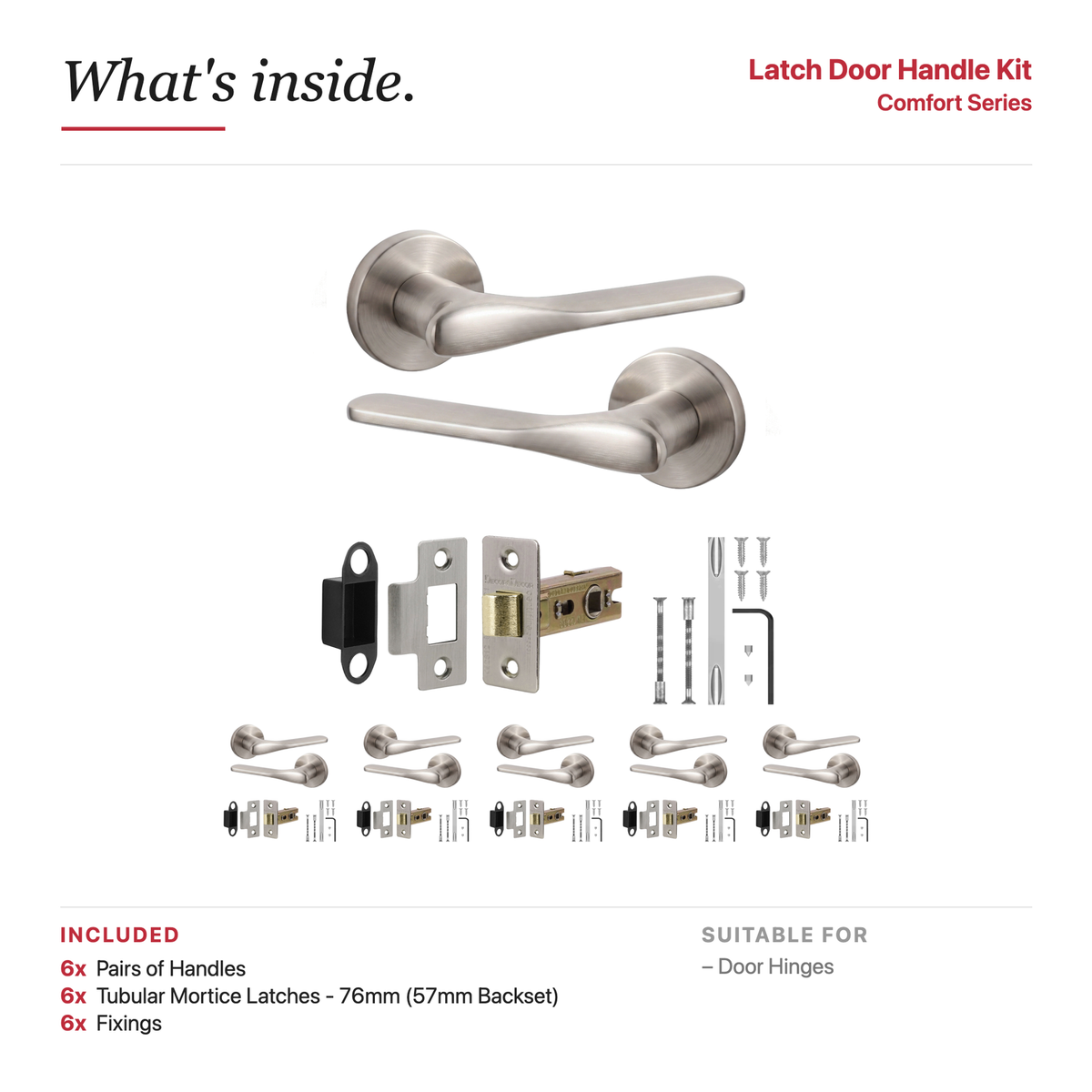 Verita Satin Nickel Passage Door Lever Handles – showing what's included in the box