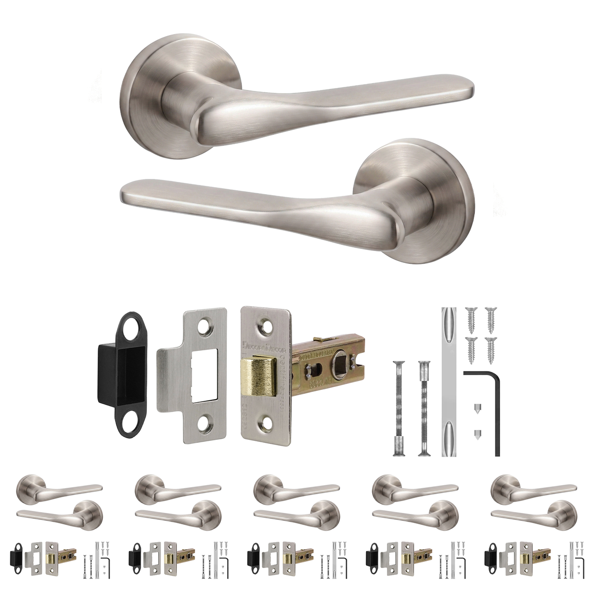 Verita Satin Nickel Passage Door Lever Handles - Latch Kit 64mm - Pack of 6