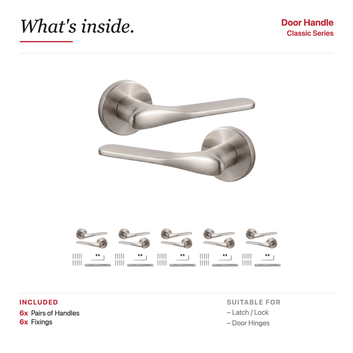 Verita Satin Nickel Door Lever Handles – showing what's included in the box