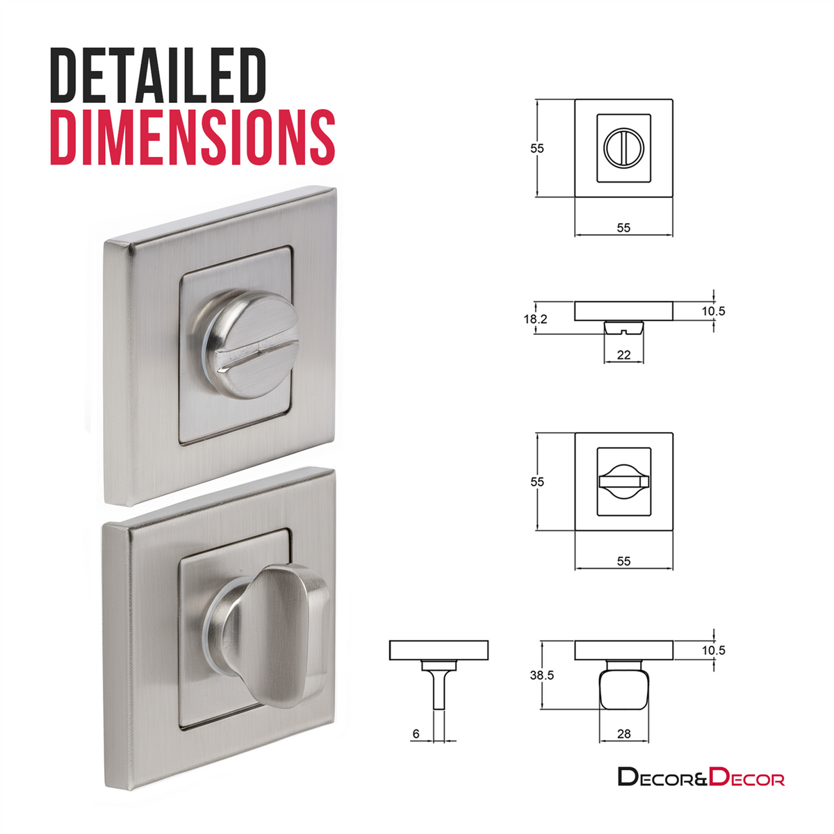Fire Rated Tubular Mortice Deadbolt and Square Bathroom Turn And Release Thumbturn - Satin Nickel – view 5