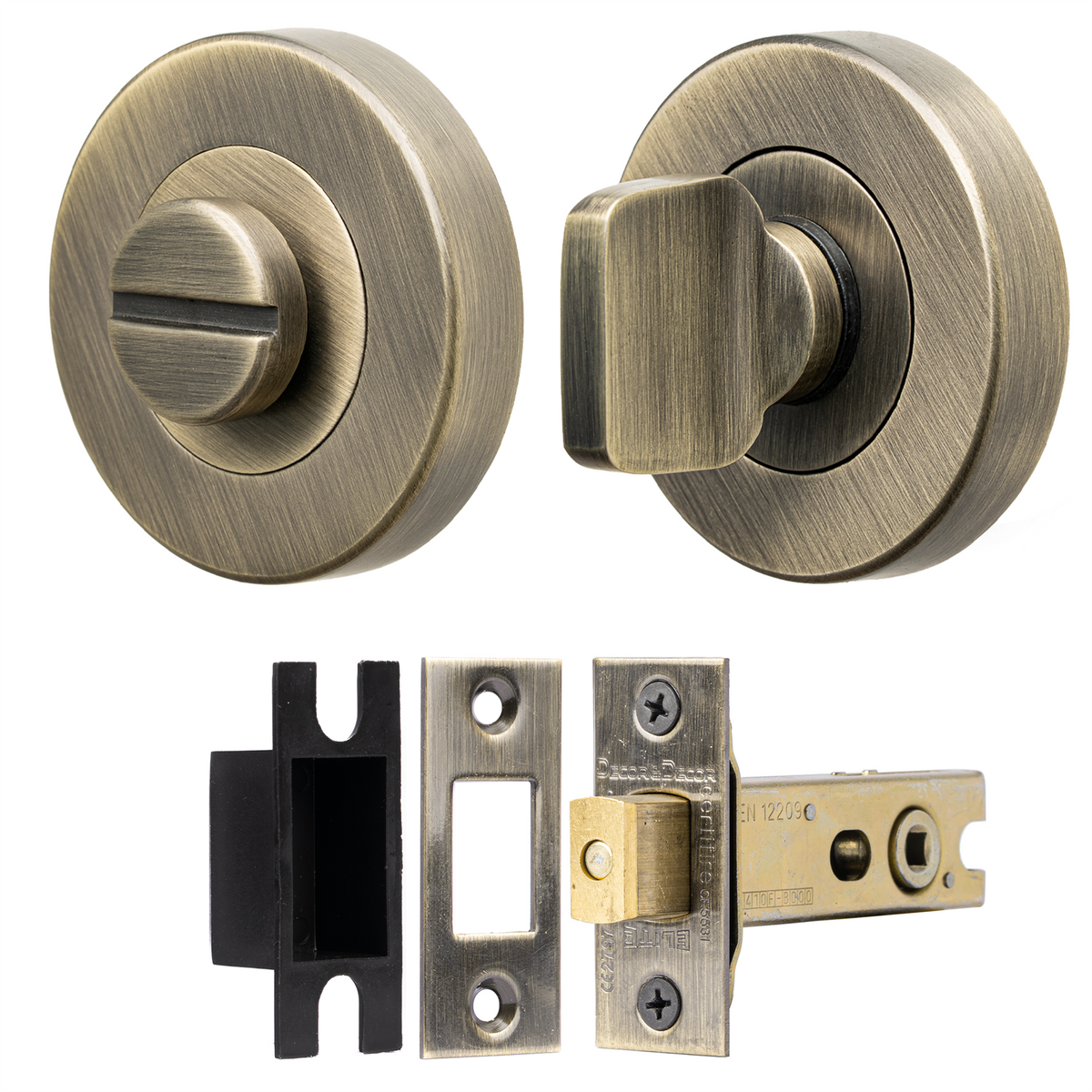 Fire Rated Tubular Mortice Deadbolt and Bathroom Turn And Release Thumbturn - Antique Brass