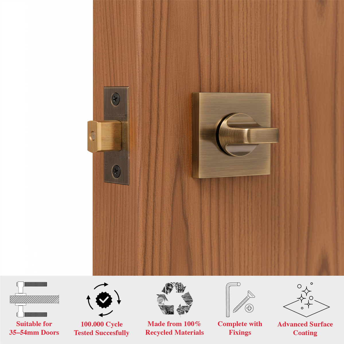 Fire Rated Tubular Mortice Deadbolt and Square Bathroom Turn And Release Thumbturn - Antique Brass – view 3