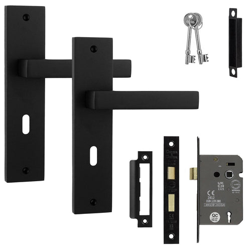 Lumina Matt Black Privacy Door Handles on Backplate with Keys - Sash Lock Kit Set - Door Handles On Backplate | Decoranddecor
