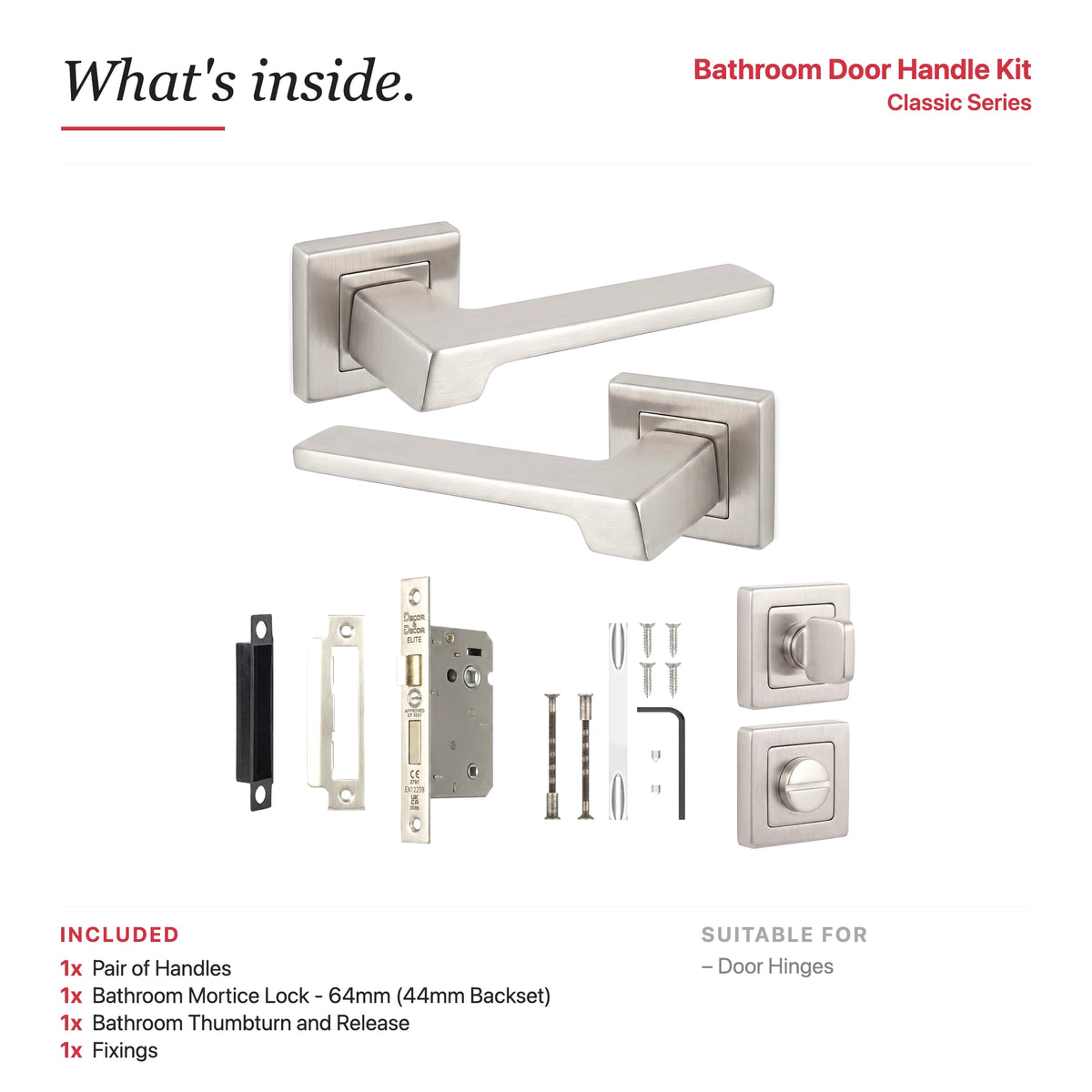 Spectra Satin Nickel Bathroom Door Lever Handles – showing what's included in the box