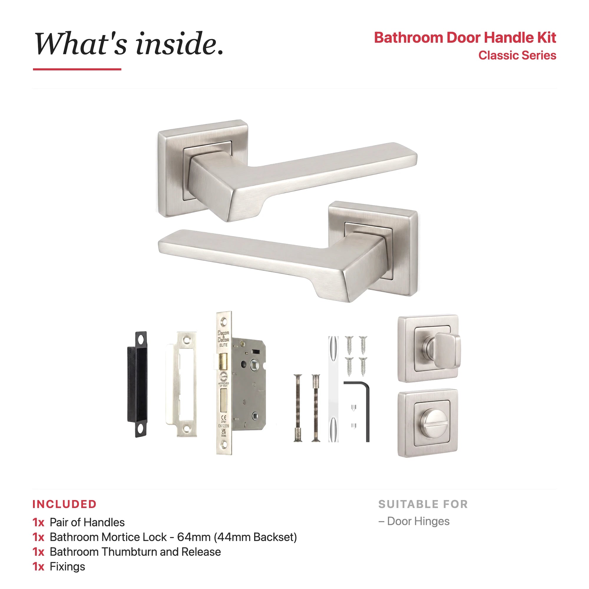 Spectra Satin Nickel Bathroom Door Lever Handles – showing what's included in the box
