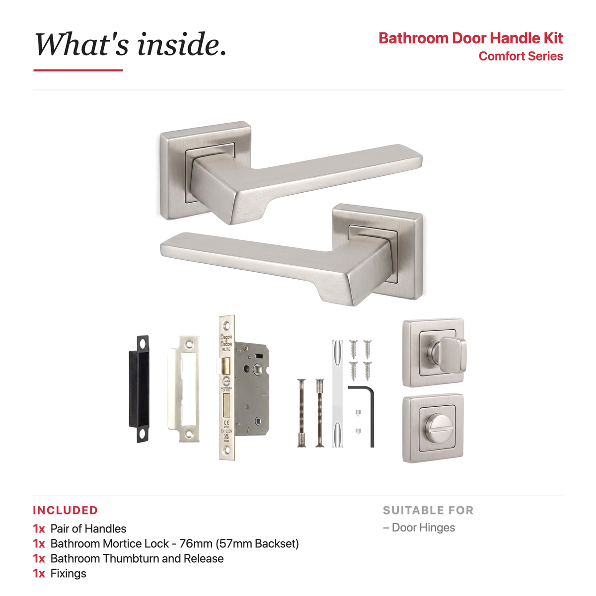 Spectra Satin Nickel Bathroom Door Lever Handles – showing what's included in the box
