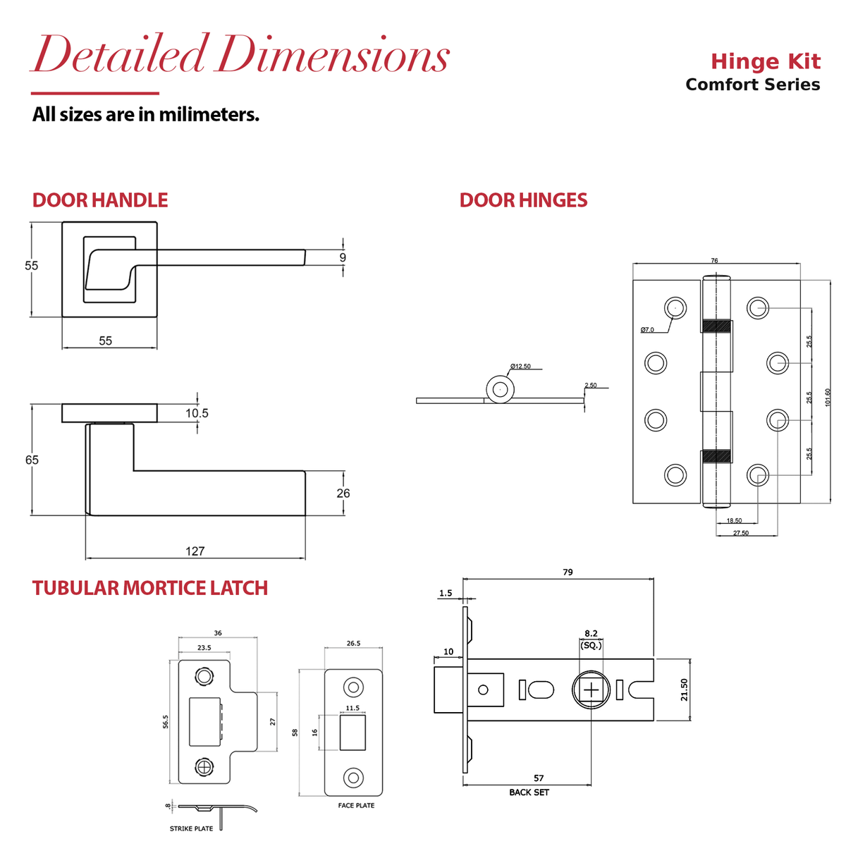 Spectra Satin Nickel Passage Door Lever Handles – dimensions and measurements diagram