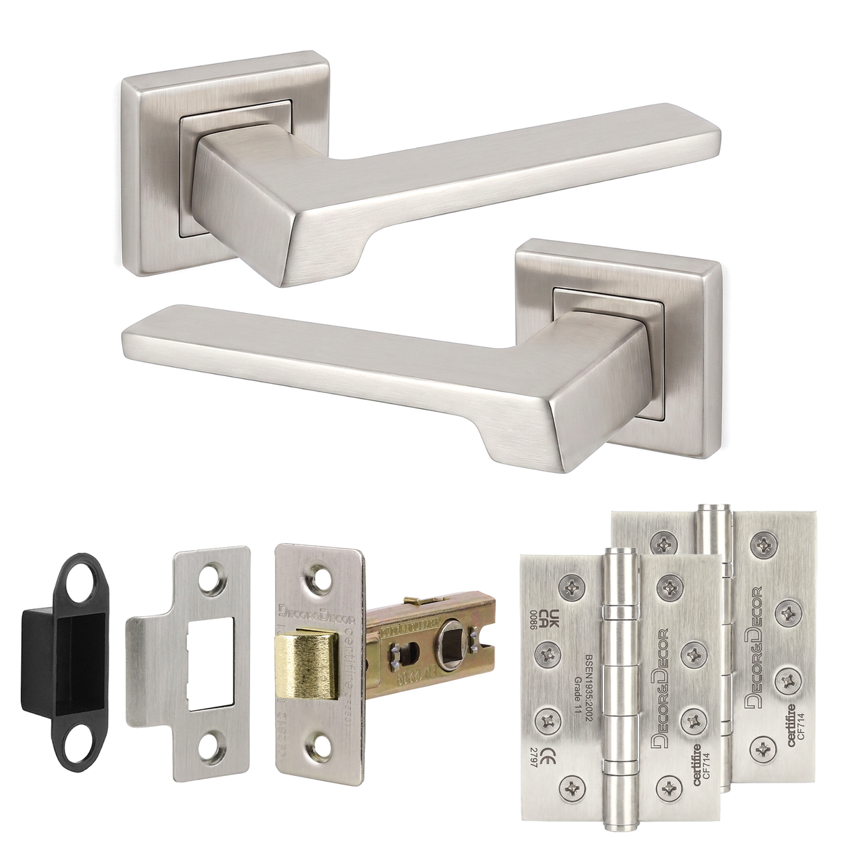 Spectra Satin Nickel Passage Door Lever Handles - Hinge Kit 102mm