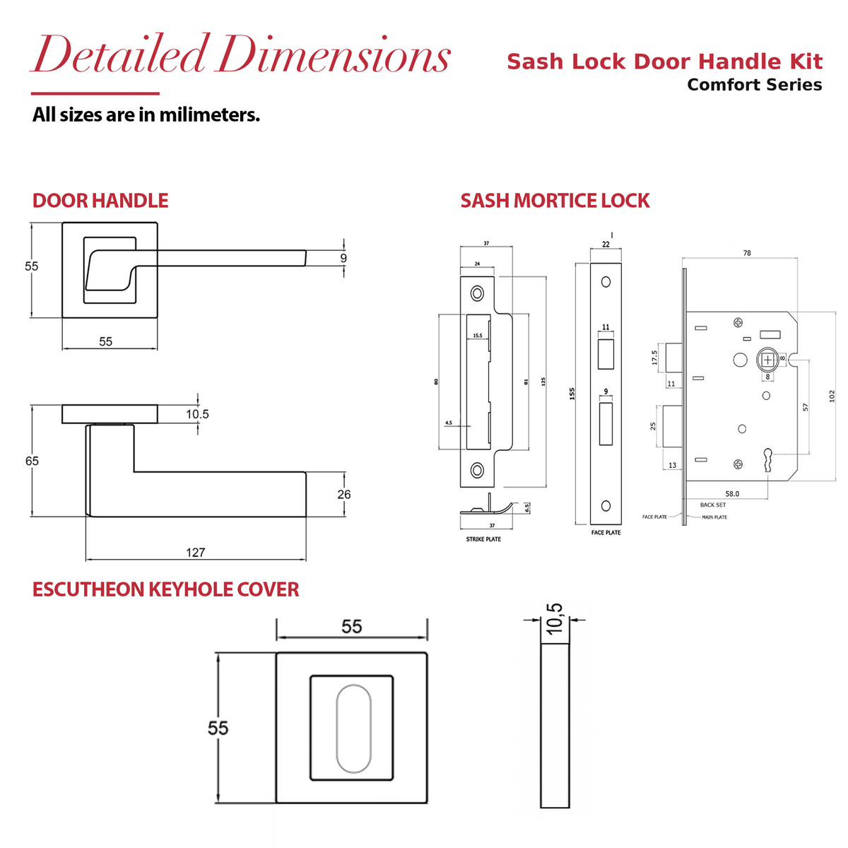 Spectra Satin Nickel Privacy Door Lever Handles – dimensions and measurements diagram
