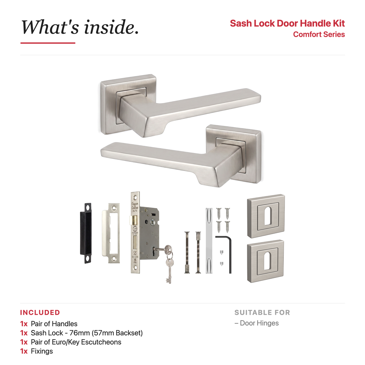Spectra Satin Nickel Privacy Door Lever Handles – showing what's included in the box