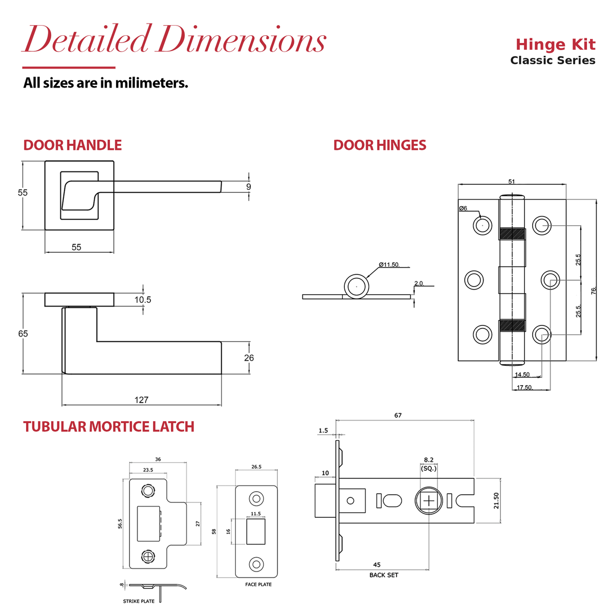 Spectra Satin Nickel Door Handle – dimensions and measurements diagram
