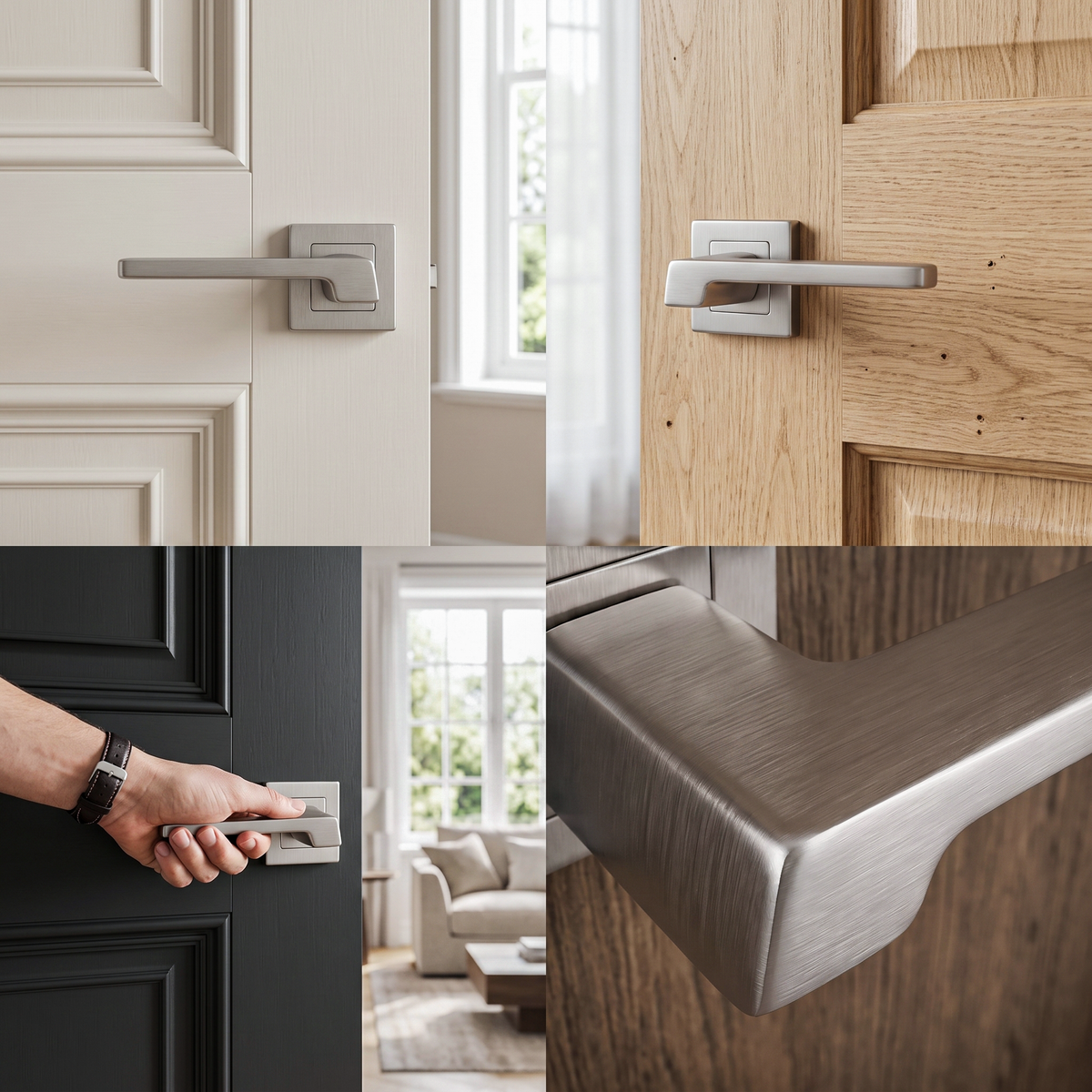 Spectra Satin Nickel Bathroom Door Lever Handles – fitted on an interior door in a styled room setting
