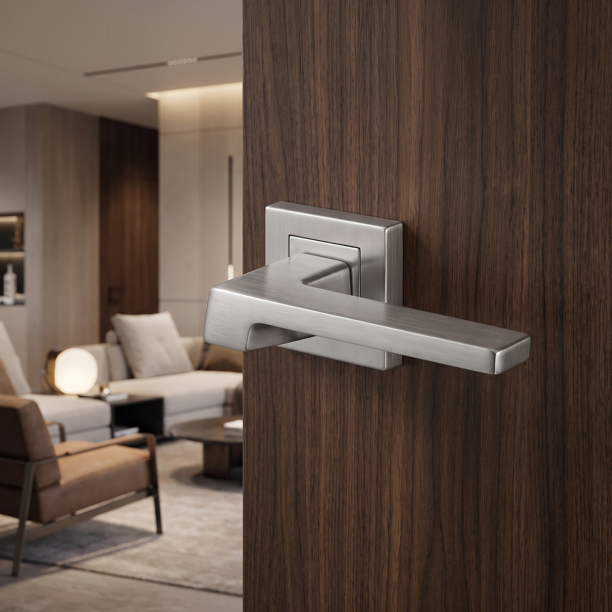 Spectra Satin Nickel Privacy Door Lever Handles – fitted on an interior door in a styled room setting 2