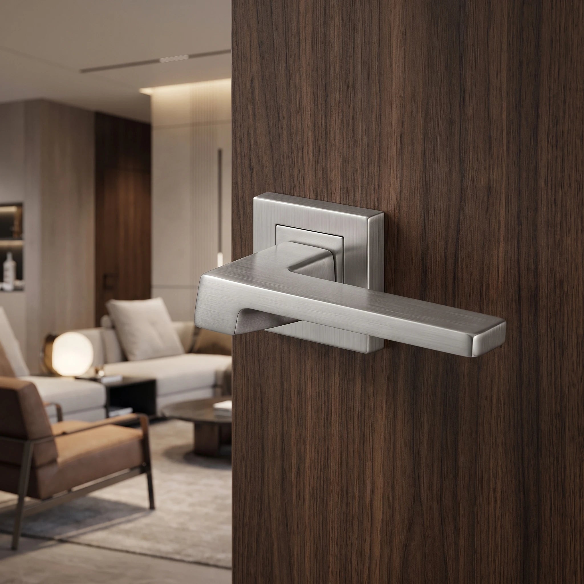 Spectra Satin Nickel Privacy Door Lever Handles – fitted on an interior door in a styled room setting 2