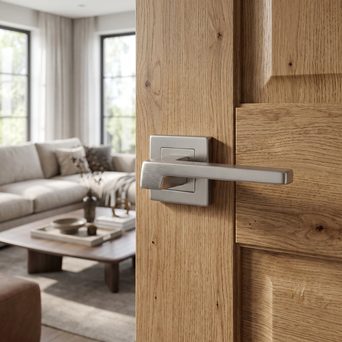 Spectra Satin Nickel Door Lever Handles – fitted on an interior door in a styled room setting 3