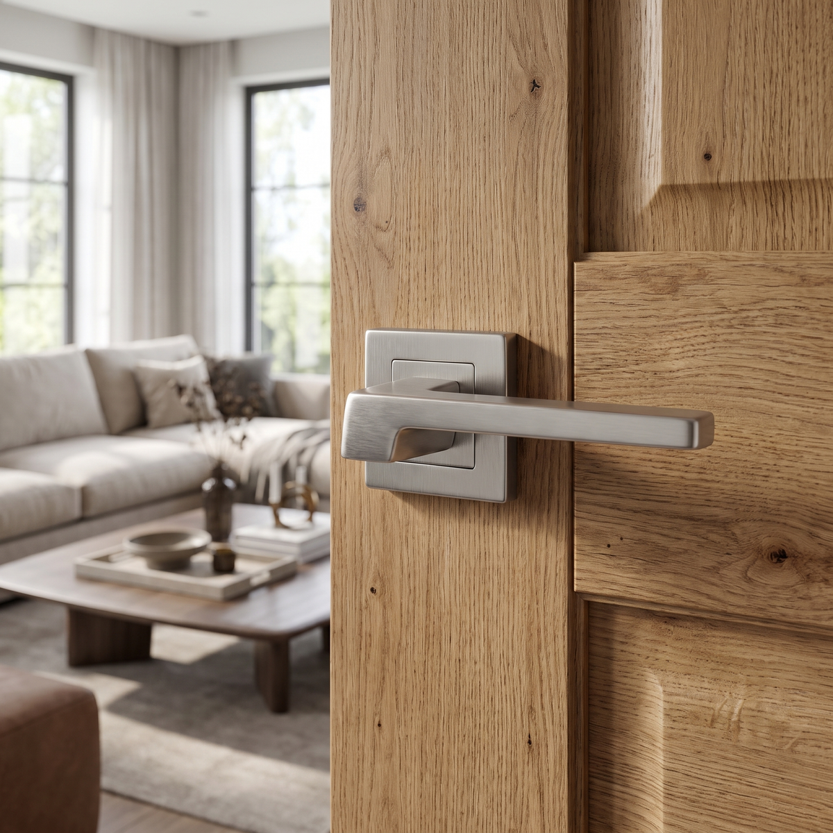 Spectra Satin Nickel Privacy Door Lever Handles – fitted on an interior door in a styled room setting 3