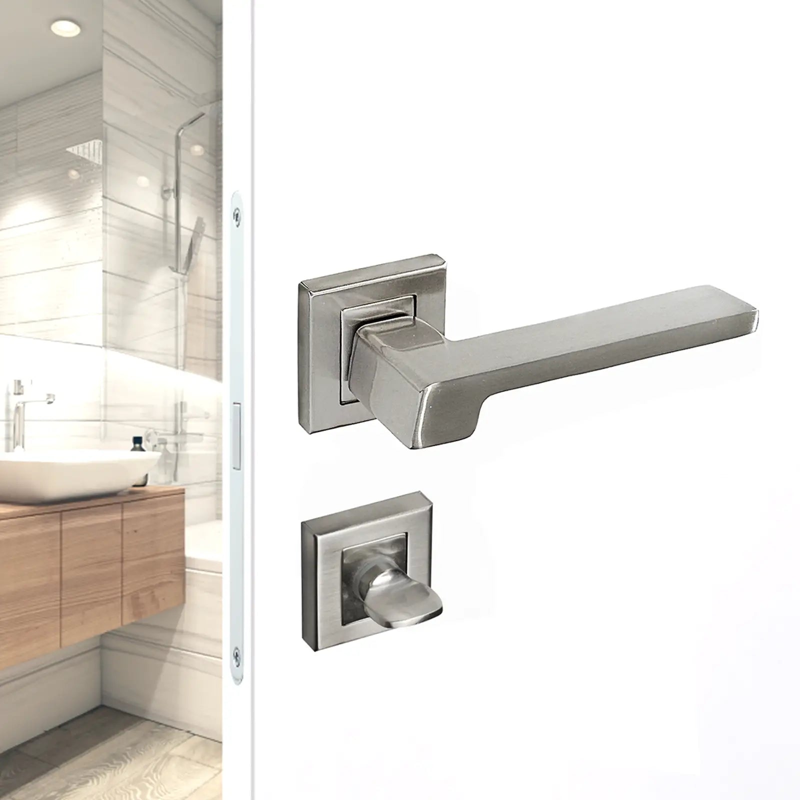 Spectra Satin Nickel Bathroom Door Lever Handles - Bathroom Kit Set - Decor And Decor