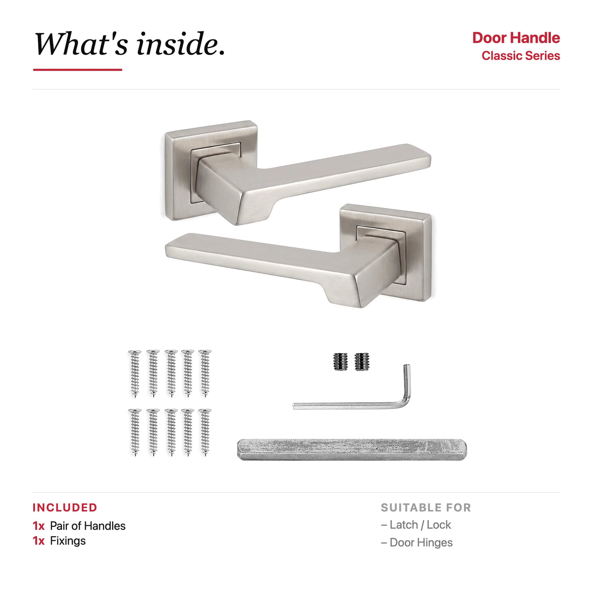Spectra Satin Nickel Door Lever Handles – showing what's included in the box