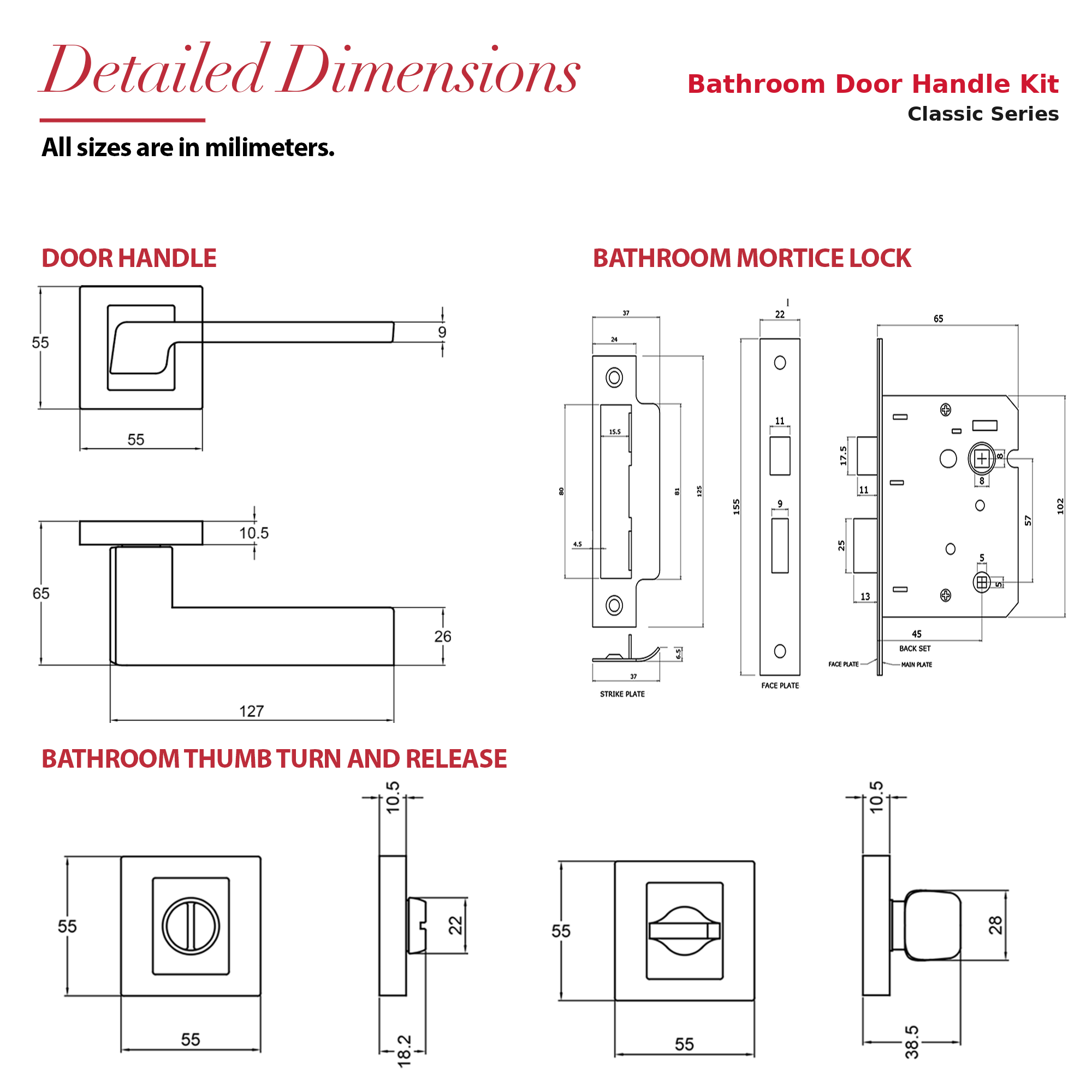 Spectra Matt Black Bathroom Door Lever Handles – dimensions and measurements diagram