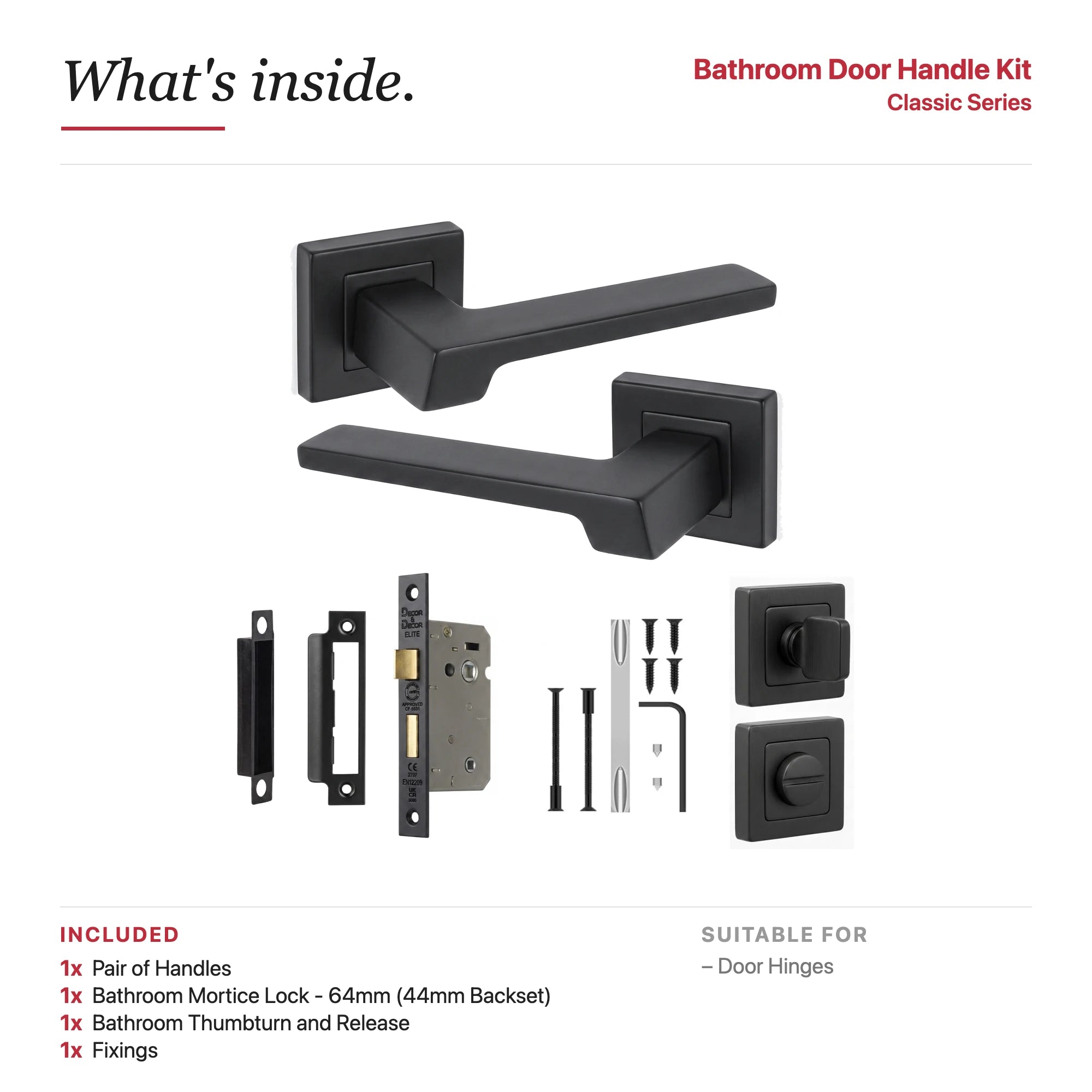 Spectra Matt Black Bathroom Door Lever Handles – showing what's included in the box