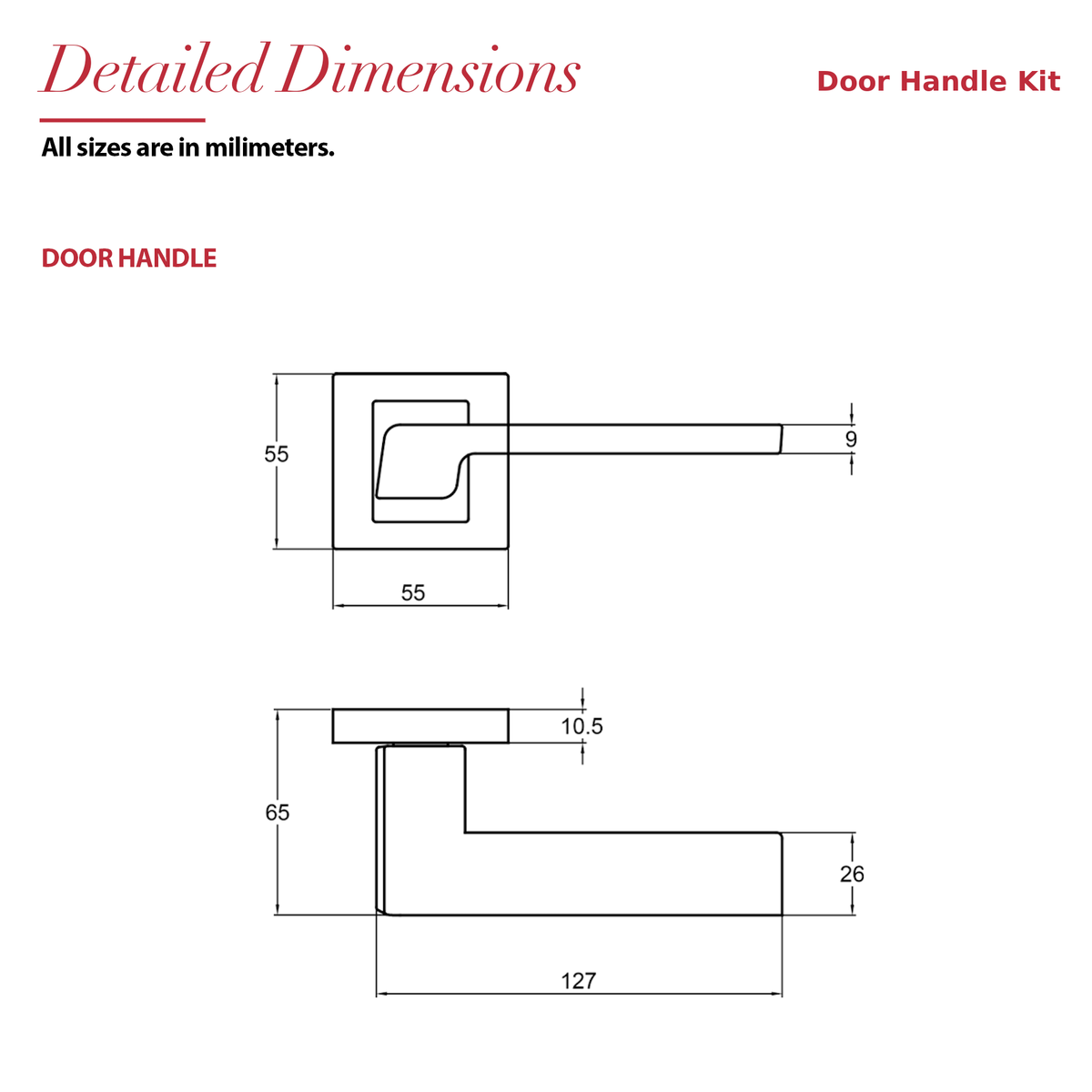 Spectra Matt Black Door Lever Handles – dimensions and measurements diagram