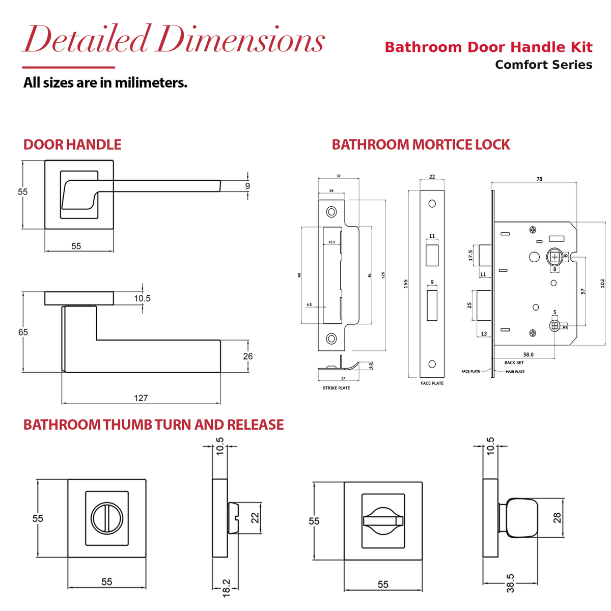 Spectra Matt Black Bathroom Door Lever Handles – dimensions and measurements diagram