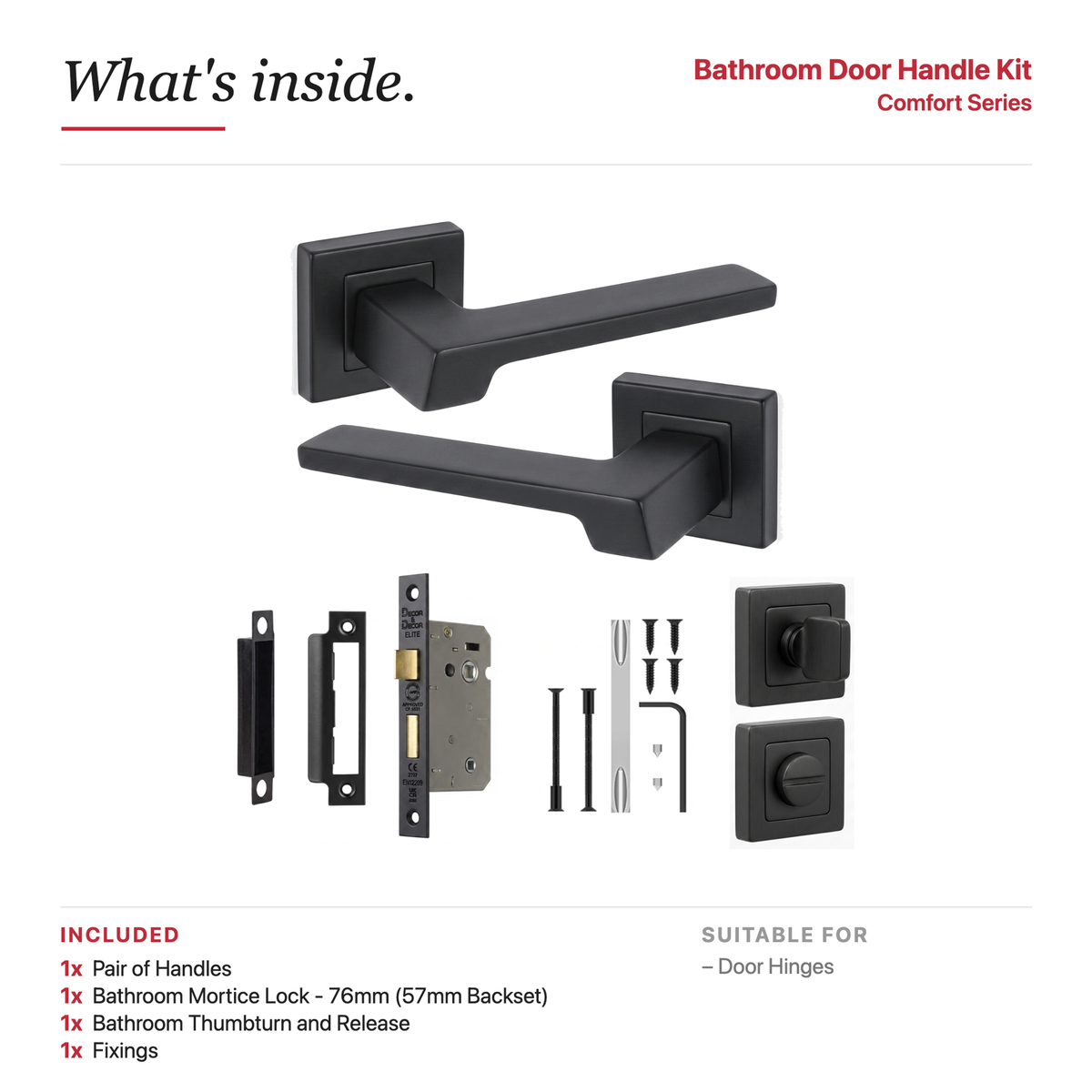 Spectra Matt Black Bathroom Door Lever Handles – showing what's included in the box