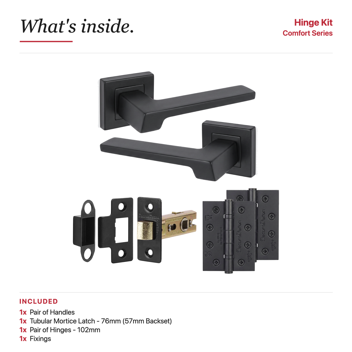 Spectra Matt Black Passage Door Lever Handles – showing what's included in the box