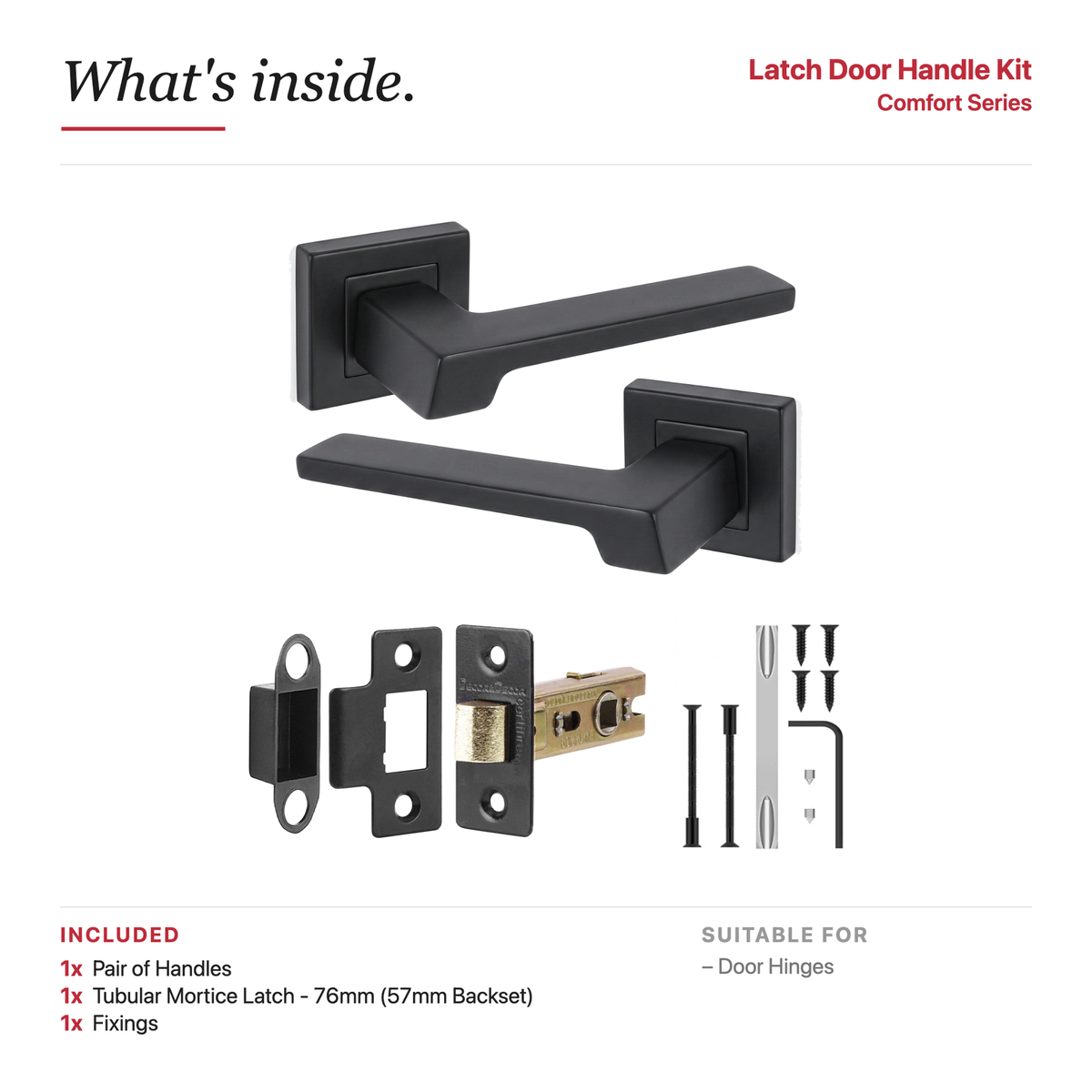 Spectra Matt Black Passage Door Lever Handles – showing what's included in the box